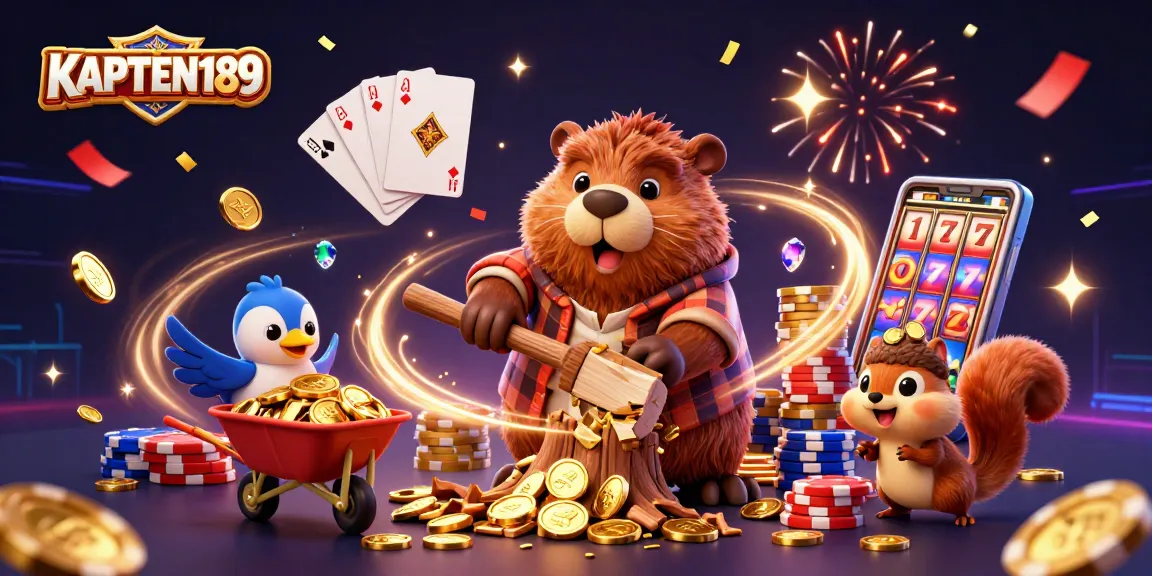 KAPTEN189 menyuguhkan ilustrasi 3D kartun dengan karakter pemotong kayu beruang yang mengumpulkan koin emas.