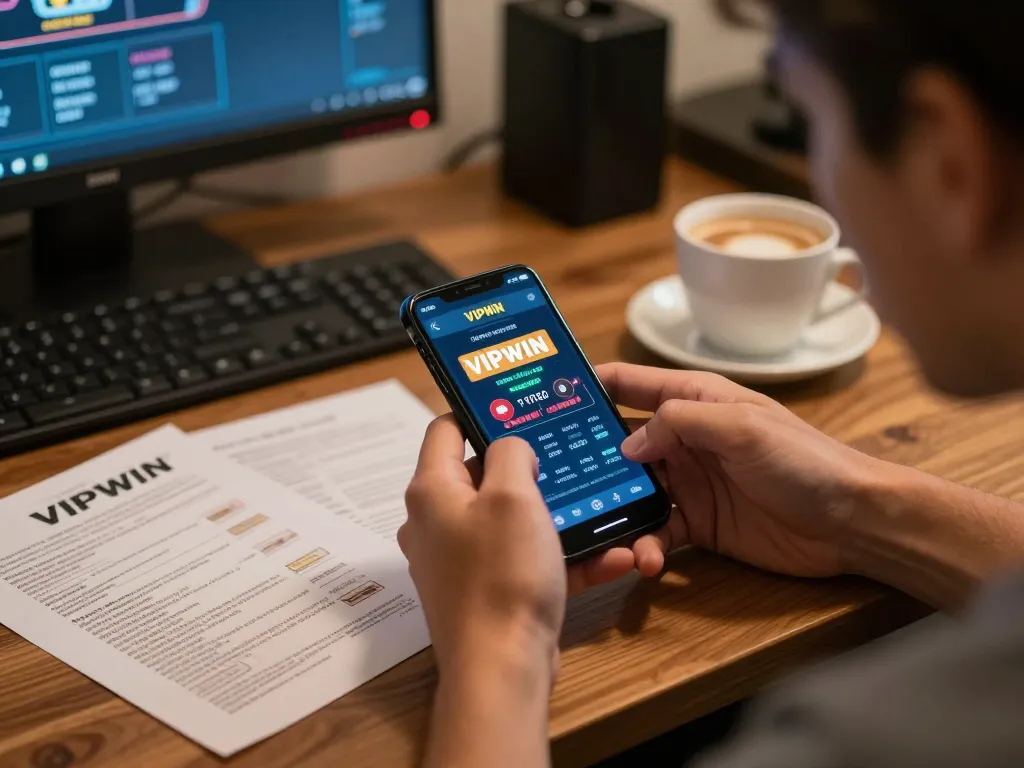 Player enjoying online gaming on VIPWIN app, focused on strategic gameplay in a cozy home setting.