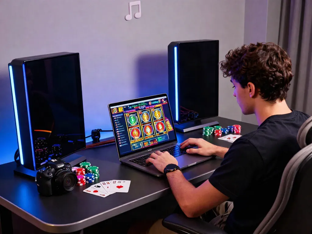 Excited player engaging with akunjp online gambling platform in colorful gaming setup.