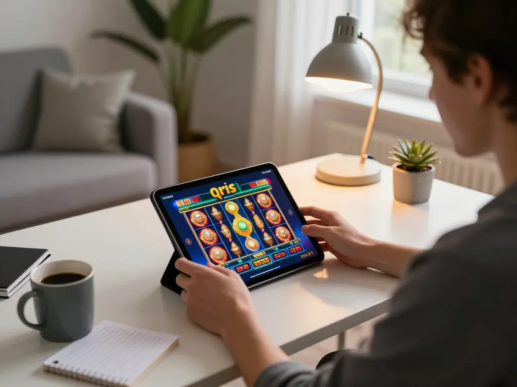 Engaging with slot qris on tablet during an online casino gaming session.