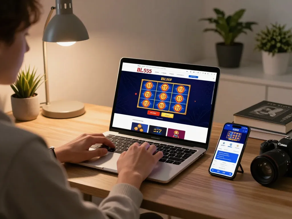 BL555 player engaging in online slots at home, highlighting a strategic gaming environment.