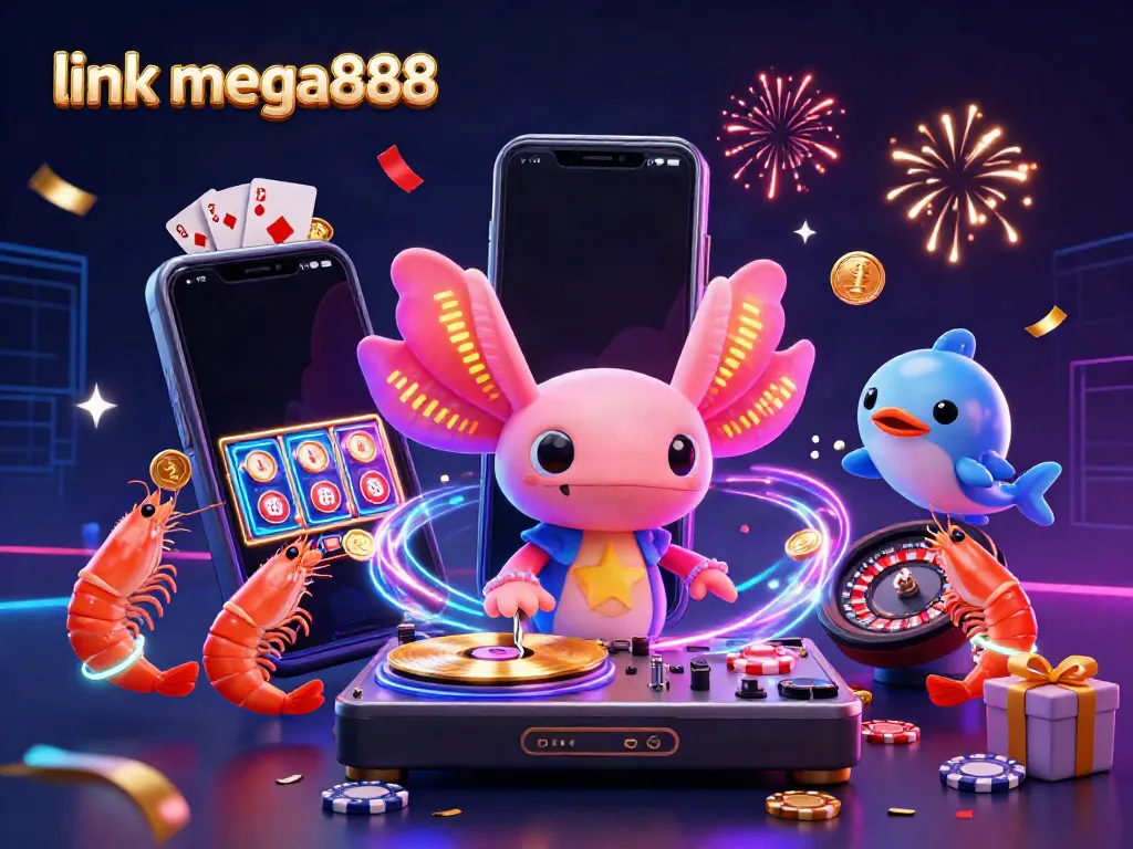 Engage with link mega888 through a vibrant casino scene featuring an axolotl DJ spinning records.