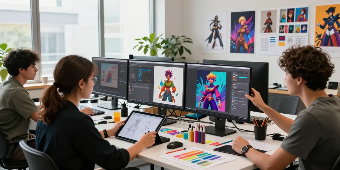 Creative NSFW AI studio scene showcasing artists developing imaginative characters in a vibrant atmosphere.