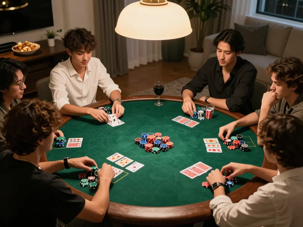 Lô đề online players engaging in an exciting home game night with cards and chips visible.