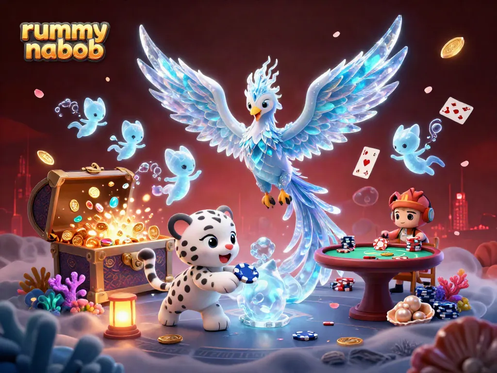 Rummy Nabob menarik dengan phoenix es, pemandangan kasino ceria, dan permainan kartu yang berkilau.