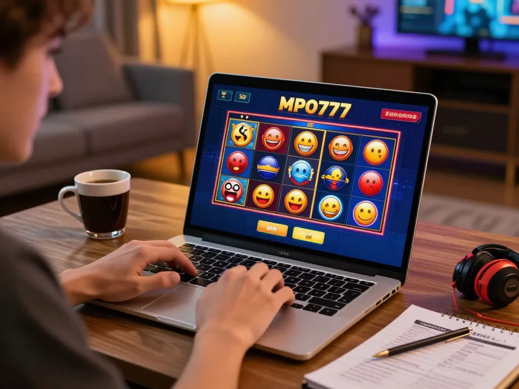 Permainan yang menarik di platform kasino online MPO777 dengan laptop yang menampilkan slot yang cerah