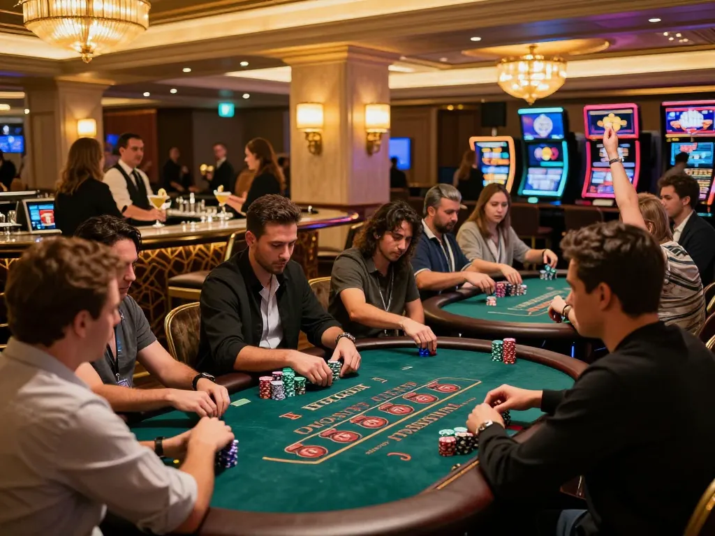 Experience the excitement of LGOGOAL blackjack with animated players celebrating a win in an upscale casino.