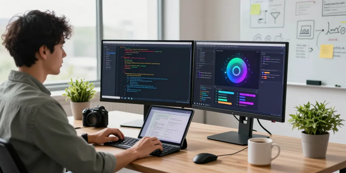 Software developer showcasing crush ai technology in a vibrant modern office workspace.