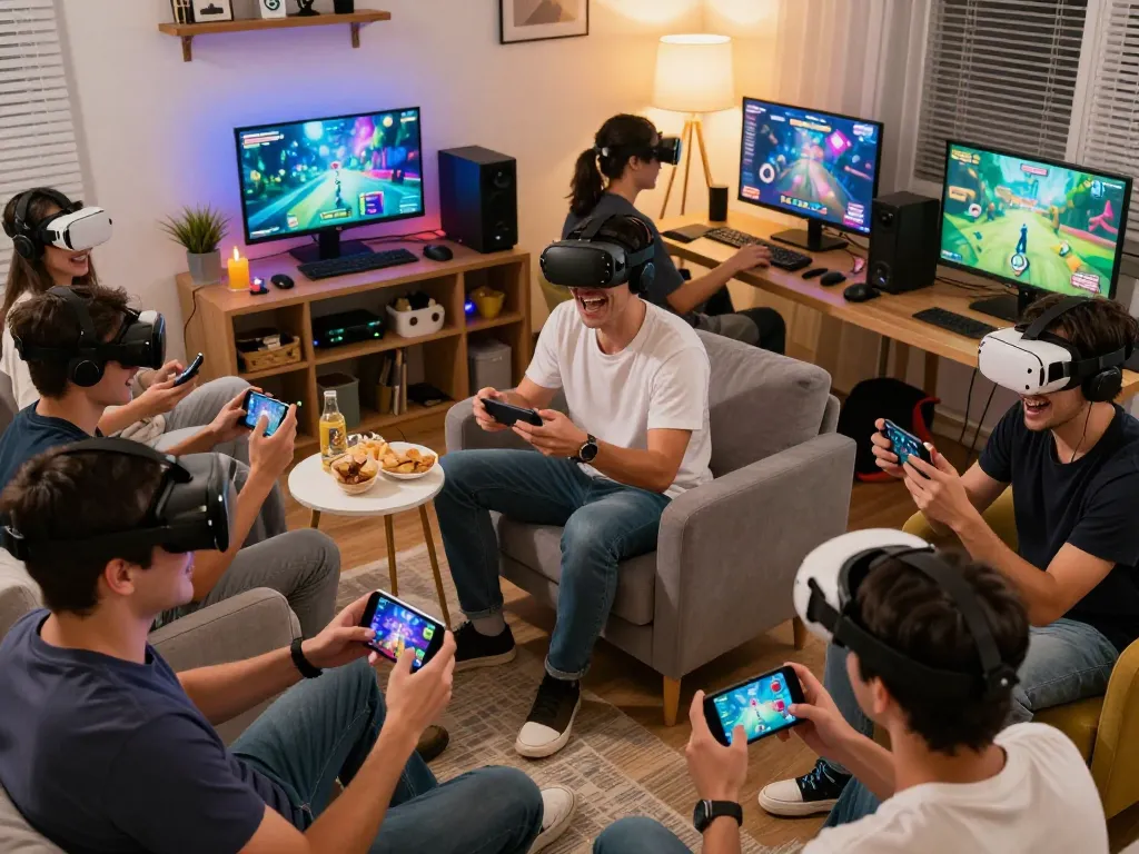 Engaged gamers enjoying porngames in cozy home environment, vibrant atmosphere of fun and interaction.