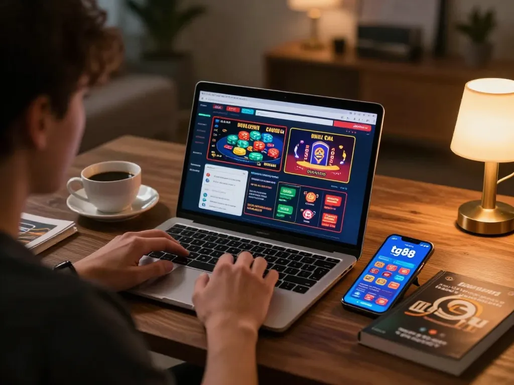 Engaging player immersed in tg88 online casino gaming with strategy notes and devices.
