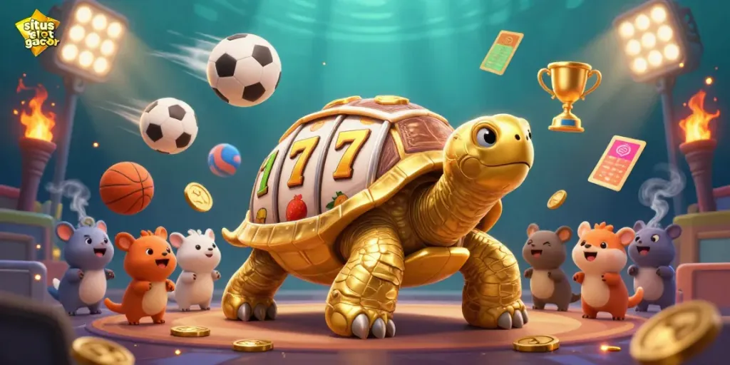Gambar karakter kura-kura emas besar yang merupakan mesin slot di situs slot gacor menarik perhatian para pemain untuk bertaruh.