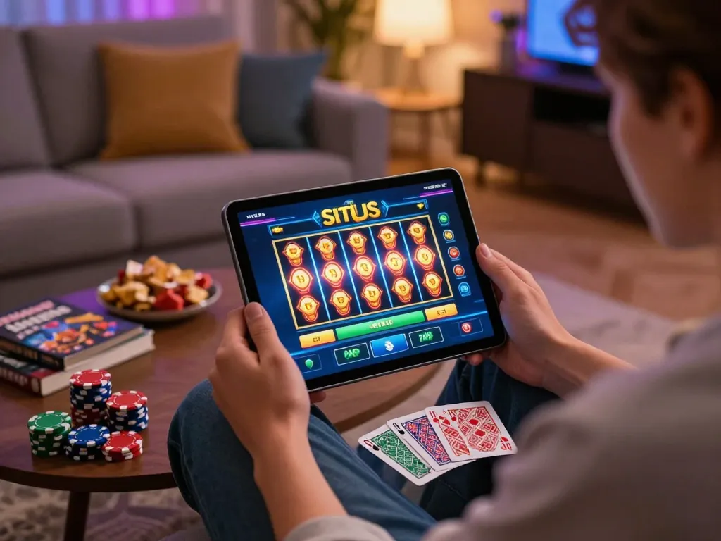 Engaged player exploring situs slot games on tablet in cozy home setting