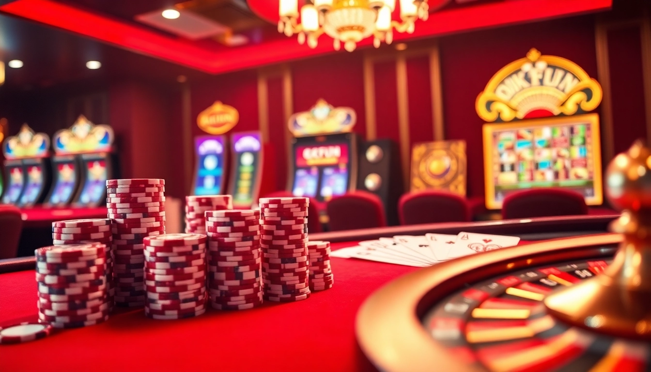 Gamble at the luxurious OKFUN casino with vibrant poker chips and glowing roulette wheel.