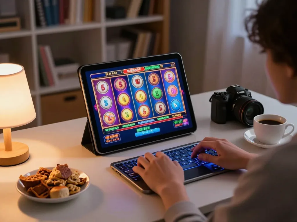 Player enjoying bem88l slot games on a tablet in a cozy gaming setup