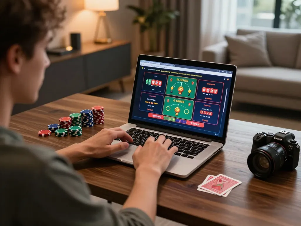 Enjoying a strategic gaming session on 98winlive, with a cozy home office setup featuring a laptop and gaming accessories.