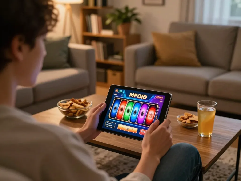 MPOID gaming experience on a tablet in a cozy room, showcasing interactive online gambling.