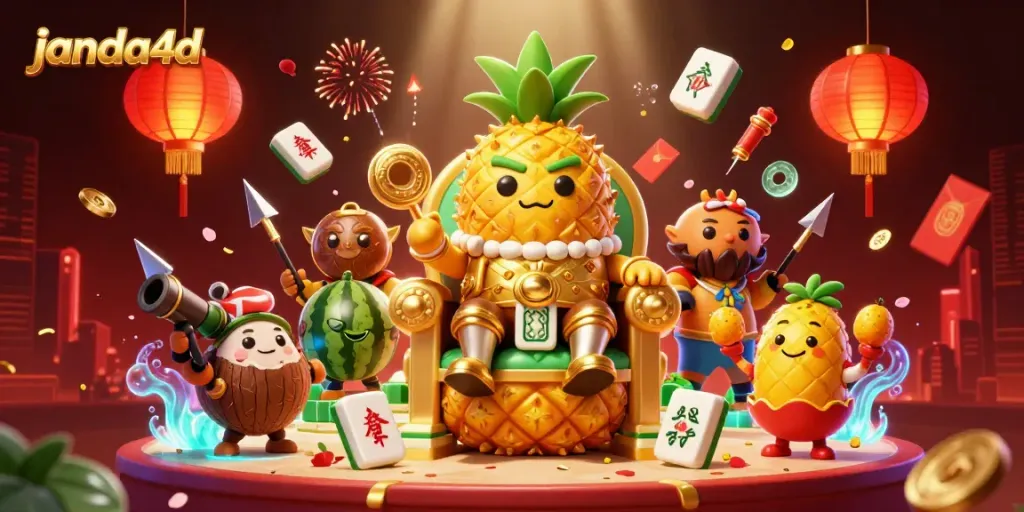 Ilustrasi 3D raja nanas emas janda4d menyambut pemain dengan suasana kasino yang meriah.