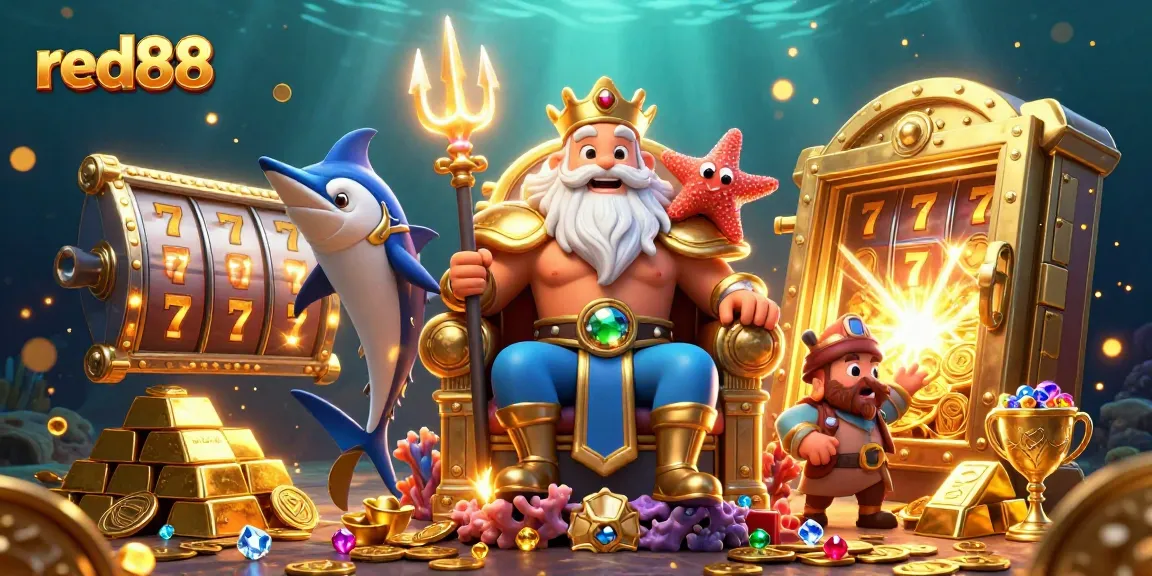Experience the thrill of red88 slots with Neptune and samurai in a vibrant 3D casino scene.