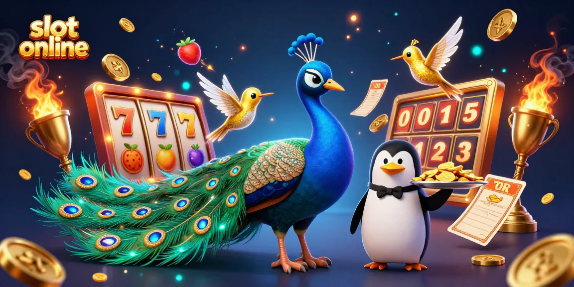 Slot online yang menarik dengan burung merak dan elemen jackpot dalam ilustrasi 3D yang kaya detail.