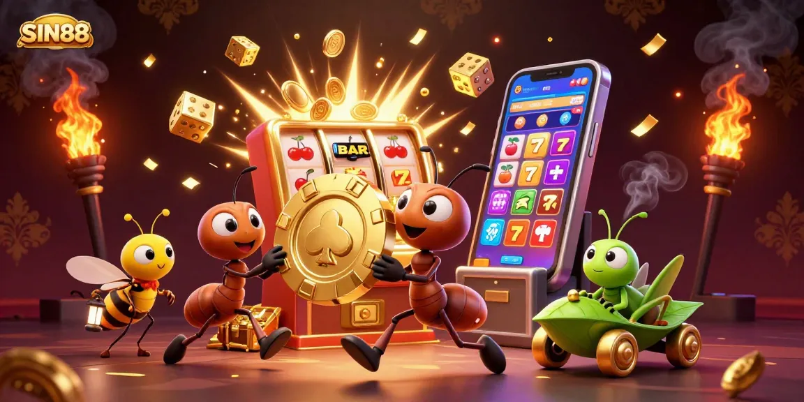 SIN88-themed illustration of ants carrying a giant golden poker chip, bursting slot machine, and vibrant casino games.