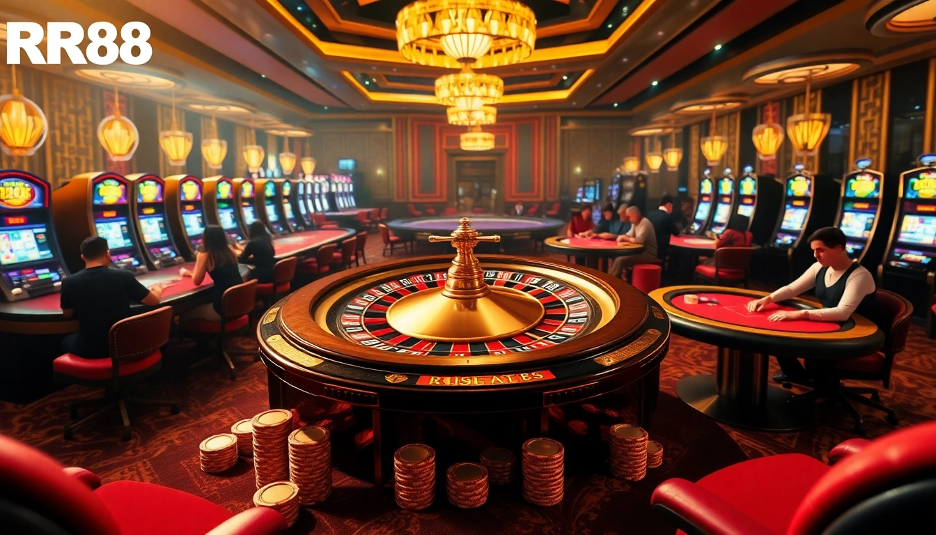 Experience the thrill of RR88 casino with vibrant poker tables, roulette wheels, and engaging slot machines.
