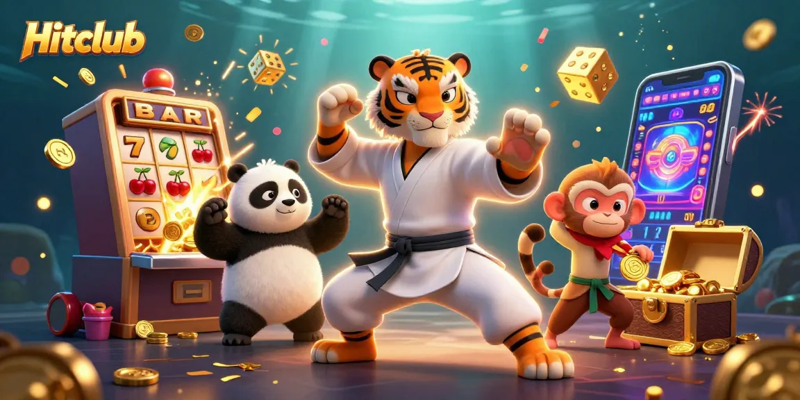 Hitclub showcases an exciting 3D scene with a kung fu tiger and playful characters among dynamic casino elements.