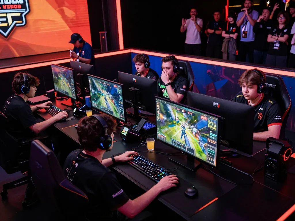 MPO08 esports gamers competing in an exciting online tournament with multiple screens and vibrant atmosphere.