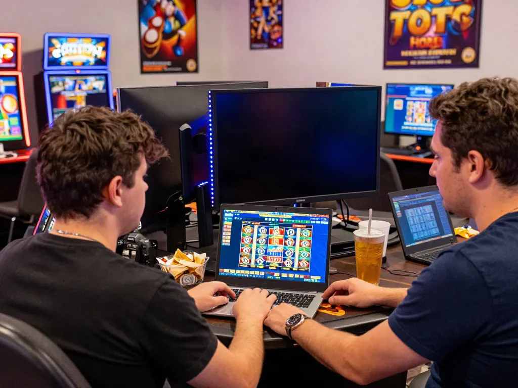 Player immersed in SLOT TOTO game on laptop with vibrant graphics and gaming devices