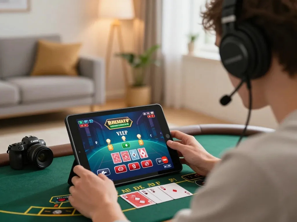 Pemain yang terlibat menikmati blackjack online di tablet dalam ruang tamu yang nyaman.
