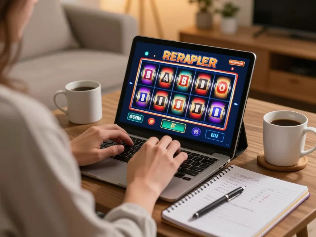 Engaging in online slots at home with a tablet showing dinamit4d slots, cozy atmosphere with personal touches.