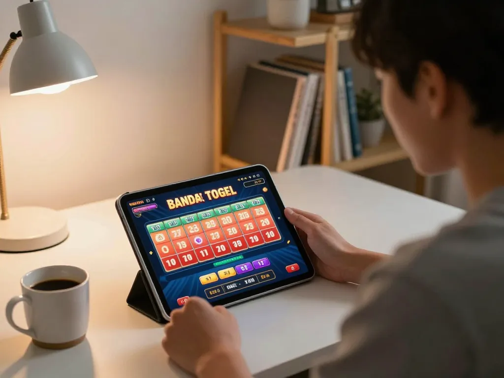 Pemain yang terlibat dalam permainan bandar togel di tablet dalam suasana rumah yang nyaman, menunjukkan perjudian interaktif.