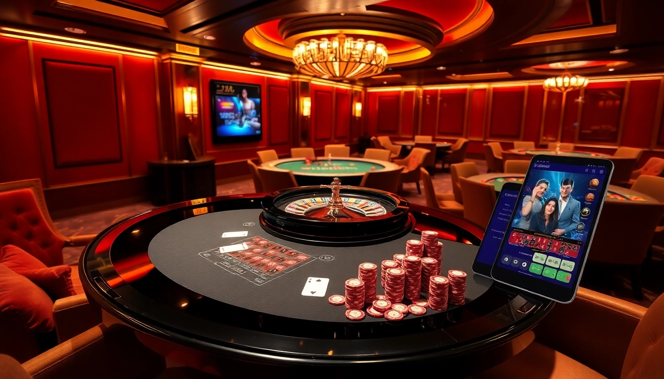 Exciting gaming scene at https://fnew88.com/ with poker tables and vibrant casino decor.