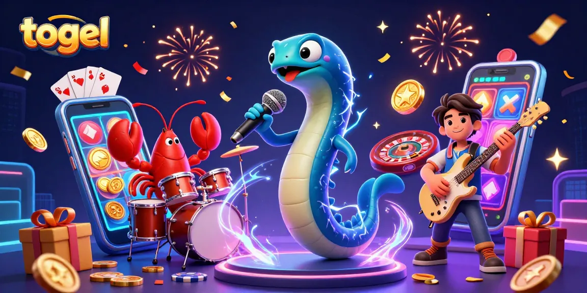 Togel gaming scene with an electric eel DJ, vibrant slots, and underwater casino elements.