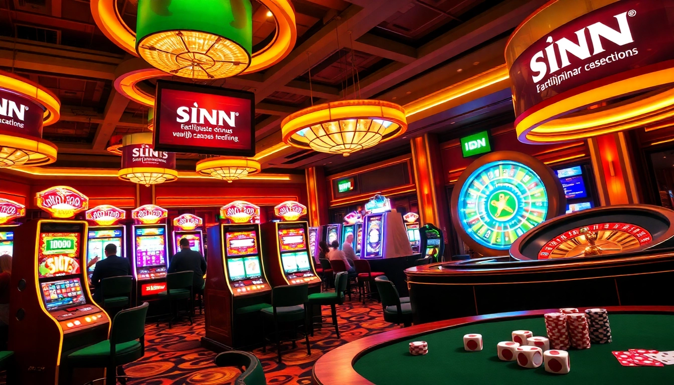 Gambling excitement at IDN Slot with vibrant casino slot machines and poker table setup.