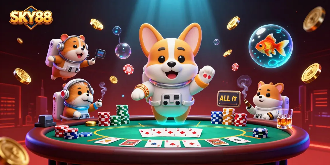 Sky88 animated scene featuring a casino astronaut corgi and vibrant poker elements.