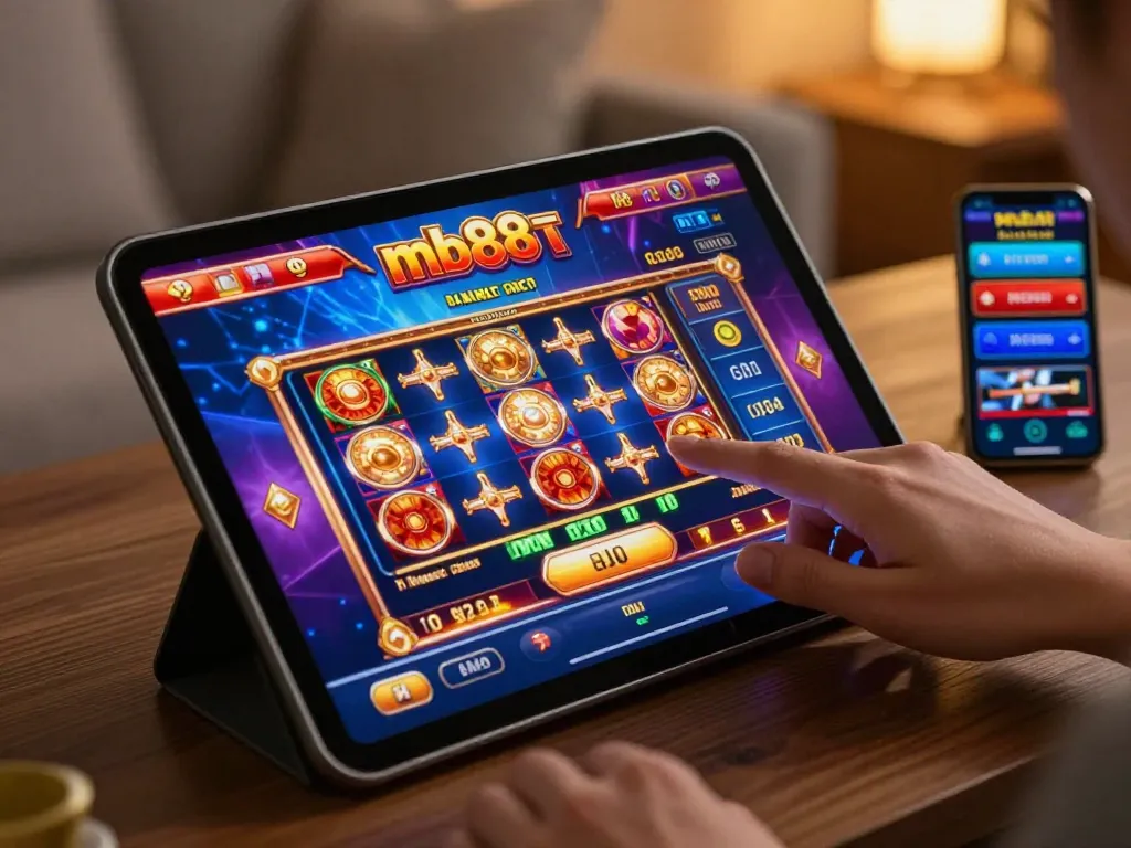 Engaging with mb88slot gaming on a tablet in a cozy home setting, showcasing vibrant online slots.