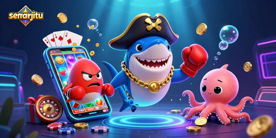 Semarjitu memperlihatkan hiu kartun 3D dan teman-temannya merayakan kemenangan dalam permainan slot online.