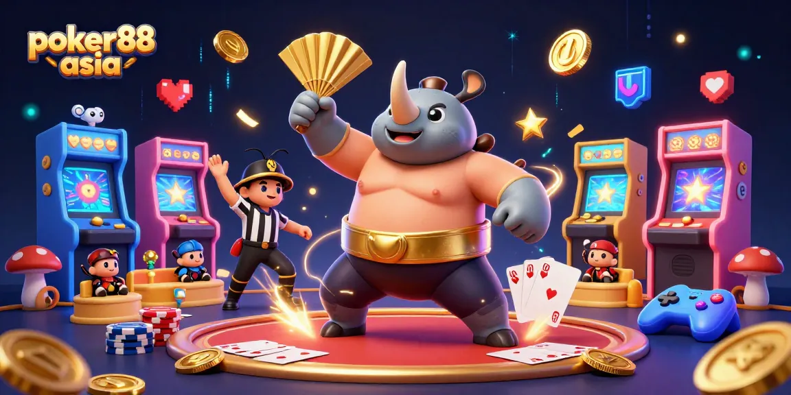 Poker88 Asia menampilkan juara sumo kumbang dalam suasana kasino, dengan elemen poker menggairahkan.