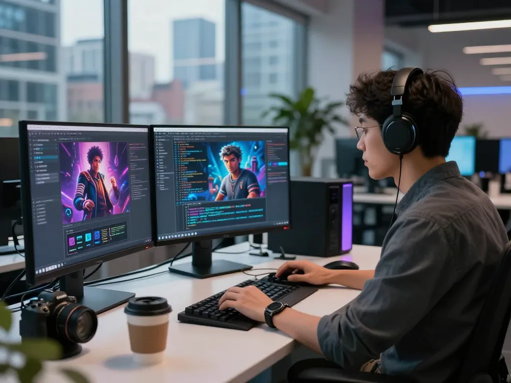 Engaging workspace showcasing NSFW AI technologies with developer coding on multiple screens