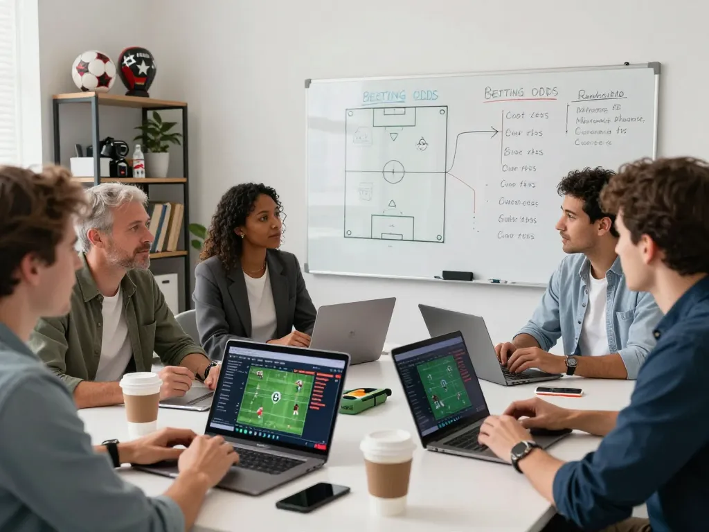 Tỷ lệ kèo bóng đá analysis by sports experts in a modern office setting.