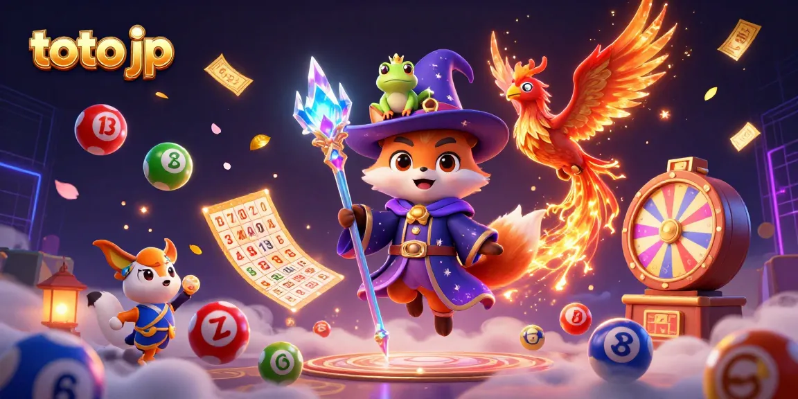 Toto jp lottery scene with a mystical wizard fox, phoenix, and colorful elements bringing excitement to players.