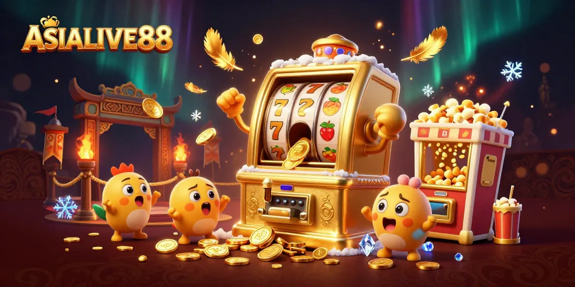 Experience the thrill of ASIALIVE88 with a cartoon slot machine celebrating a jackpot.