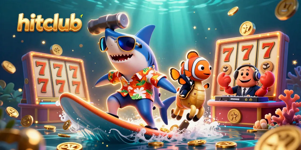 Experience the thrill of hitclub as a shark surfs through a gold coin wave, amidst vibrant casino elements.