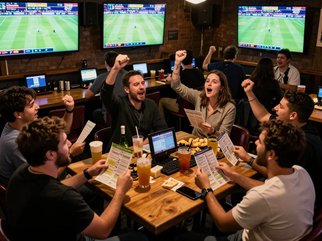 Patrons celebrate while betting on BJ88 at a lively sports bar full of excitement.
