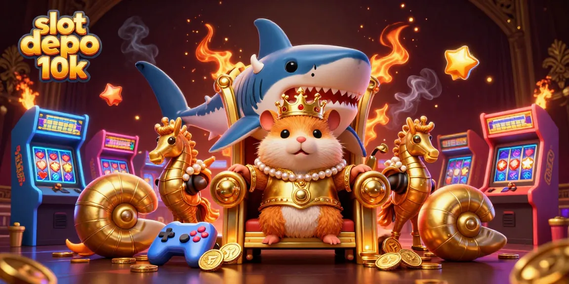 Experience excitement at slot depo 10k with a vibrant scene of a golden hamster king, arcade machines, and slot reels.