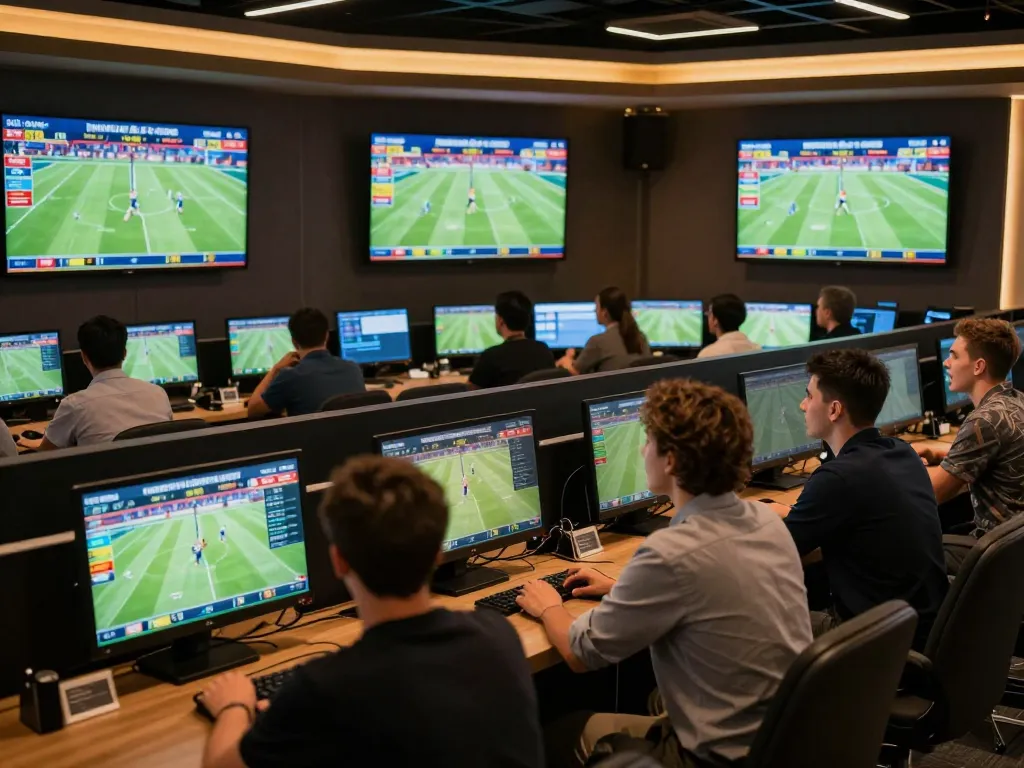 Kqbd sports betting scene with bettors analyzing live football scores and statistics.