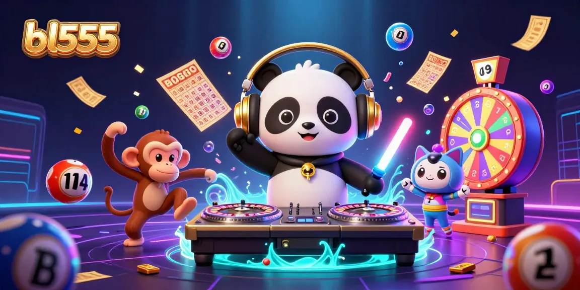 bl555's lively illustration showcases a DJ panda spinning roulette wheels surrounded by lottery elements.