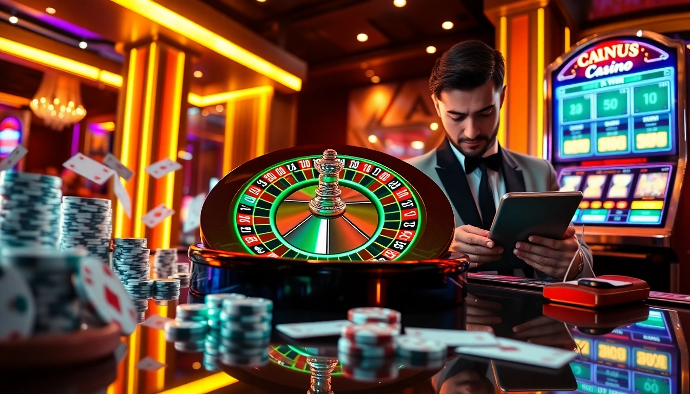 Professional gamers placing bets on Nhà cái casino Online with vibrant roulette and poker chips