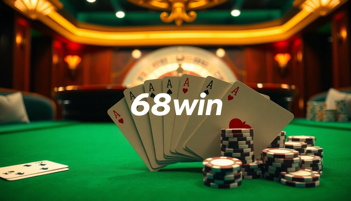 Experience the thrill of 68win with vibrant casino gaming visuals featuring poker chips and cards.