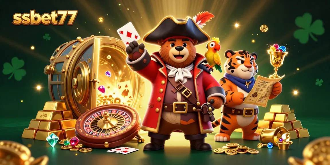 Win big at ssbet77 with an exciting casino adventure featuring a bear pirate and tiger treasure hunter.
